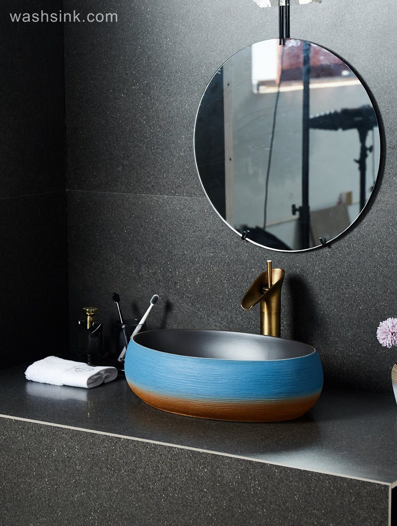 LJ24-036-BQ0A2580-1 LJ24-0036  Small and delicate goose egg shape orange blue with black inner wall bathroom sink - shengjiang  ceramic  factory   porcelain art hand basin wash sink