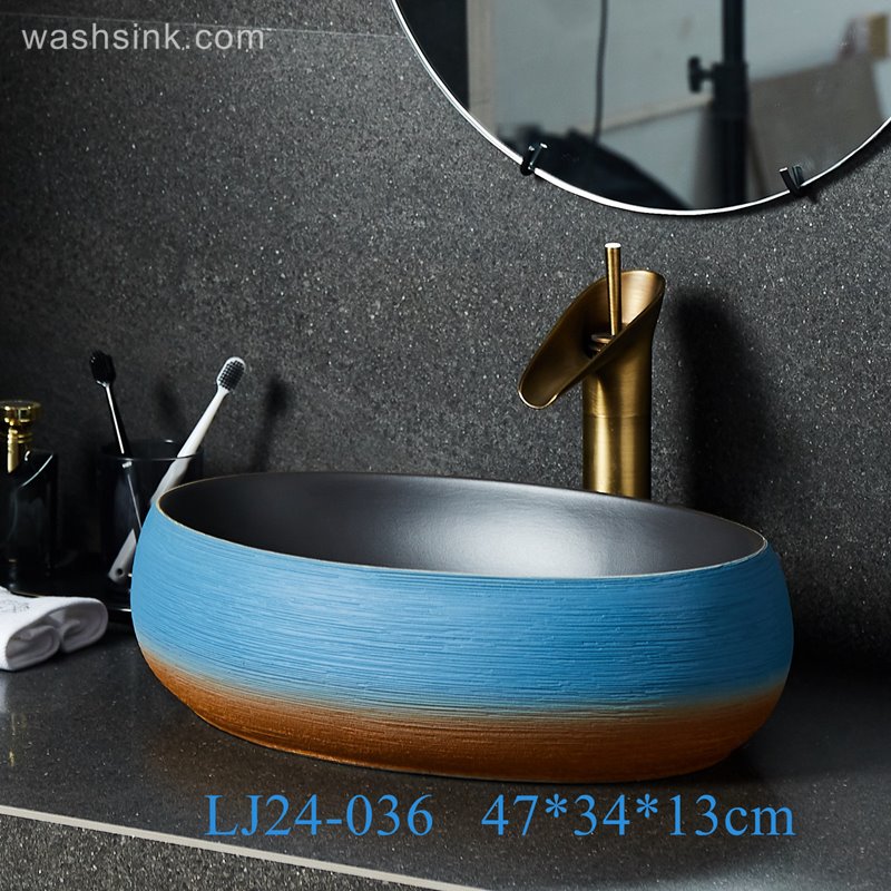 LJ24-036-BQ0A2580 LJ24-0036  Small and delicate goose egg shape orange blue with black inner wall bathroom sink - shengjiang  ceramic  factory   porcelain art hand basin wash sink