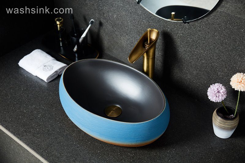 LJ24-036-BQ0A2583 LJ24-0036  Small and delicate goose egg shape orange blue with black inner wall bathroom sink - shengjiang  ceramic  factory   porcelain art hand basin wash sink