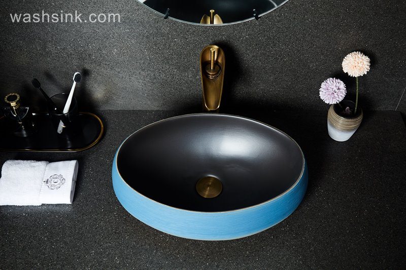 LJ24-036-BQ0A2584 LJ24-0036  Small and delicate goose egg shape orange blue with black inner wall bathroom sink - shengjiang  ceramic  factory   porcelain art hand basin wash sink