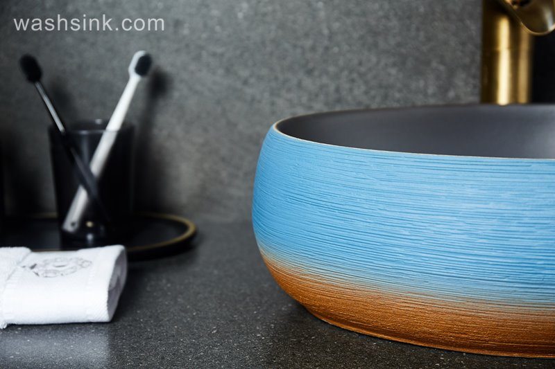 LJ24-036-BQ0A2586 LJ24-0036  Small and delicate goose egg shape orange blue with black inner wall bathroom sink - shengjiang  ceramic  factory   porcelain art hand basin wash sink