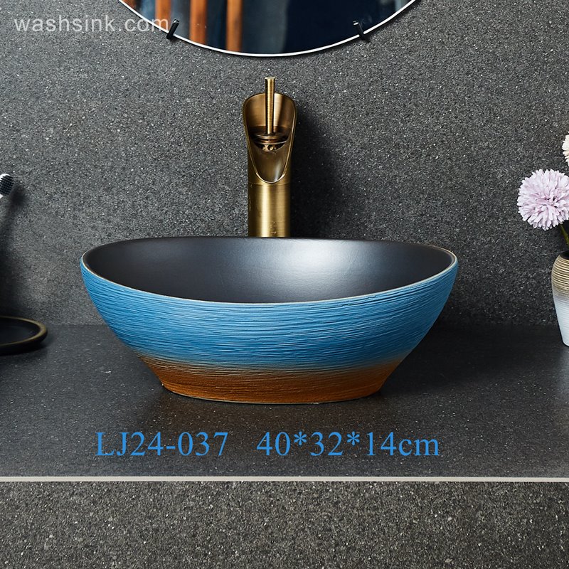 LJ24-037-BQ0A2589 LJ24-0037 2024 New art ceramic ingot shaped blue orange gradient wash basin - shengjiang  ceramic  factory   porcelain art hand basin wash sink