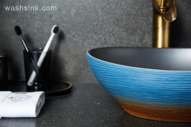 LJ24-037-BQ0A2599 LJ24-0037 2024 New art ceramic ingot shaped blue orange gradient wash basin - shengjiang  ceramic  factory   porcelain art hand basin wash sink