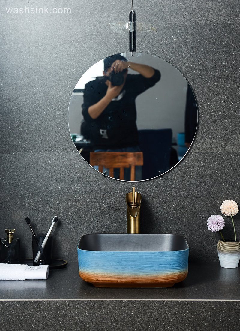 LJ24-038-BQ0A2600 LJ24-0038 Square orange-blue gradient design ceramic bathroom washbasin - shengjiang  ceramic  factory   porcelain art hand basin wash sink