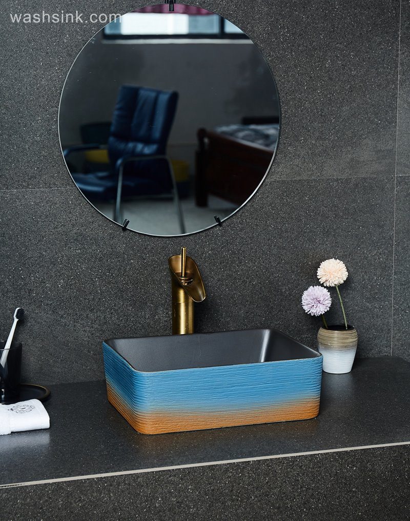 LJ24-040-BQ0A2565 LJ24-0040  Square blue and orange color attractive design scheme household decoration washbasin - shengjiang  ceramic  factory   porcelain art hand basin wash sink