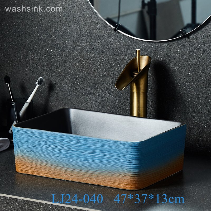 LJ24-040-BQ0A2567 LJ24-0040  Square blue and orange color attractive design scheme household decoration washbasin - shengjiang  ceramic  factory   porcelain art hand basin wash sink