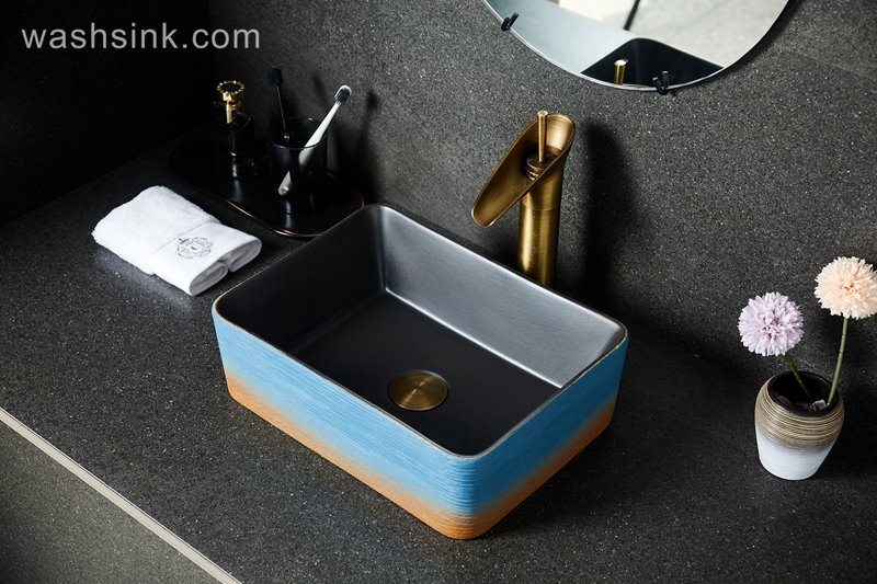 LJ24-040-BQ0A2570 LJ24-0040  Square blue and orange color attractive design scheme household decoration washbasin - shengjiang  ceramic  factory   porcelain art hand basin wash sink