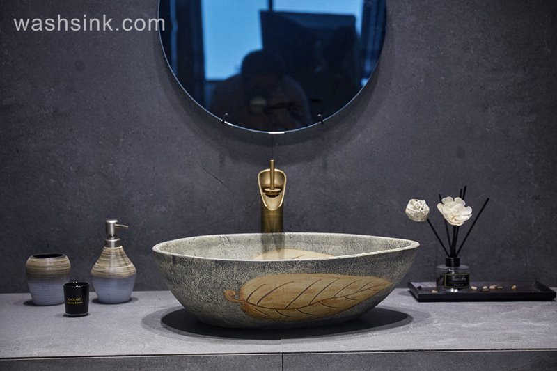 LJ24-045-BQ0A3010 LJ24-0045 2024 New market with leaf pattern home decoration duck egg shape ceramic wash basin - shengjiang  ceramic  factory   porcelain art hand basin wash sink