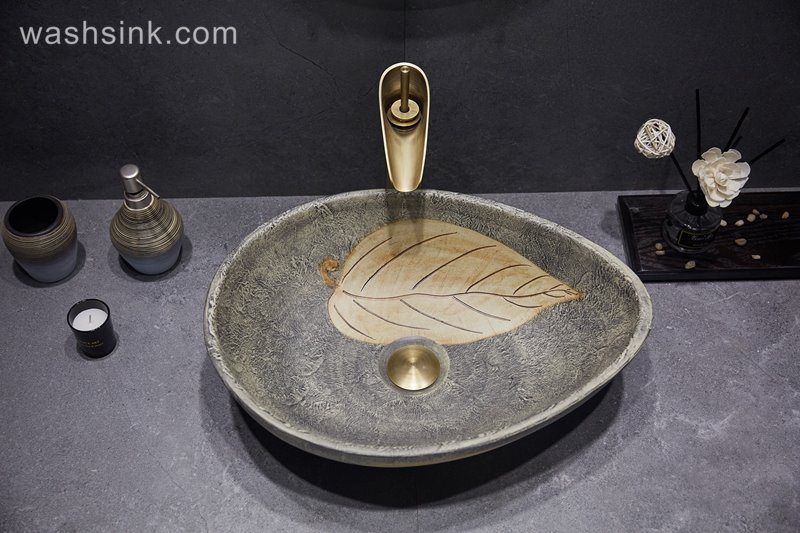 LJ24-045-BQ0A3013 LJ24-0045 2024 New market with leaf pattern home decoration duck egg shape ceramic wash basin - shengjiang  ceramic  factory   porcelain art hand basin wash sink