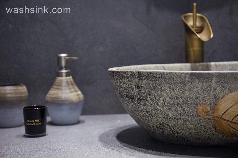 LJ24-045-BQ0A3022 LJ24-0045 2024 New market with leaf pattern home decoration duck egg shape ceramic wash basin - shengjiang  ceramic  factory   porcelain art hand basin wash sink