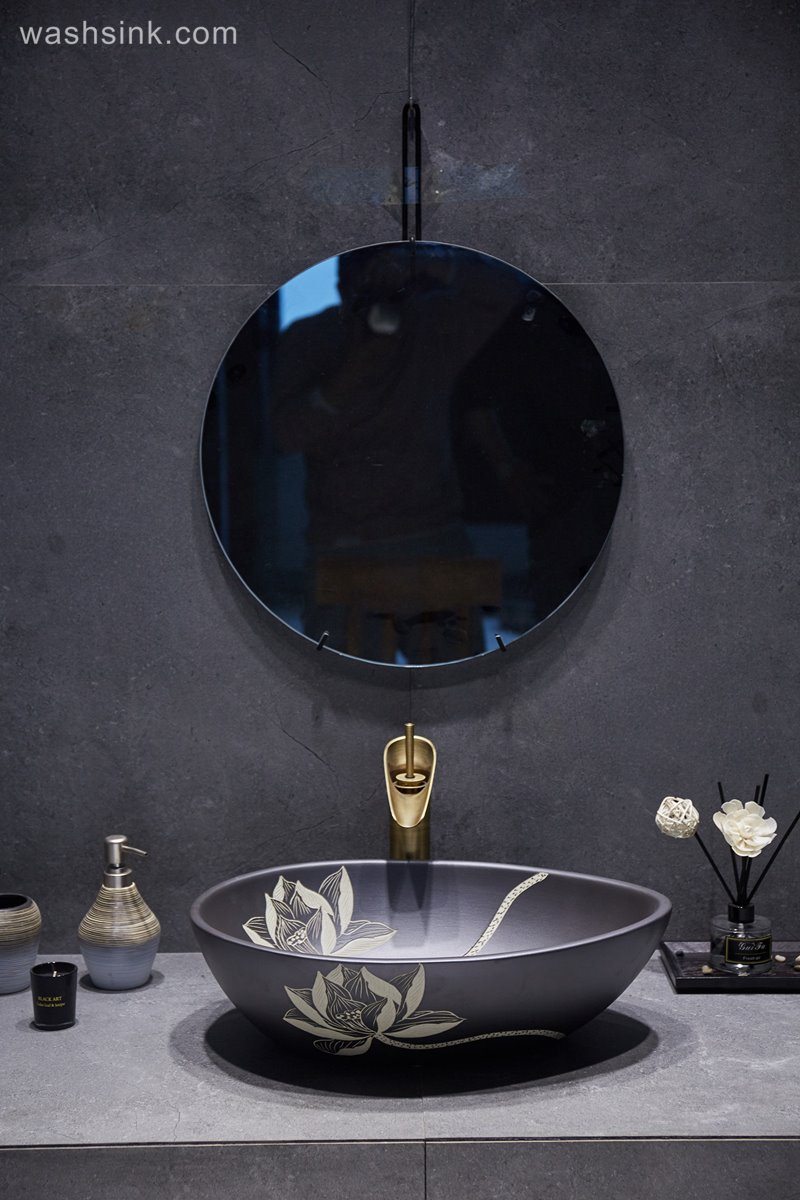 LJ24-046-BQ0A3024 LJ24-0046 2024 Simple black lotus creative duck egg shape design home bathroom wash basin - shengjiang  ceramic  factory   porcelain art hand basin wash sink