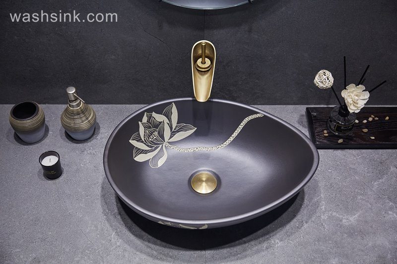 LJ24-046-BQ0A3027 LJ24-0046 2024 Simple black lotus creative duck egg shape design home bathroom wash basin - shengjiang  ceramic  factory   porcelain art hand basin wash sink