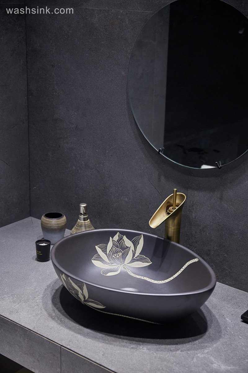LJ24-046-BQ0A3028 LJ24-0046 2024 Simple black lotus creative duck egg shape design home bathroom wash basin - shengjiang  ceramic  factory   porcelain art hand basin wash sink
