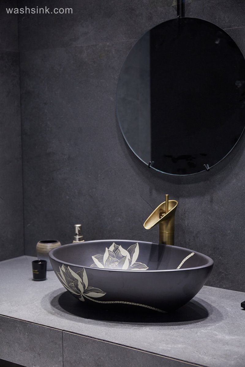 LJ24-046-BQ0A3029-1 LJ24-0046 2024 Simple black lotus creative duck egg shape design home bathroom wash basin - shengjiang  ceramic  factory   porcelain art hand basin wash sink
