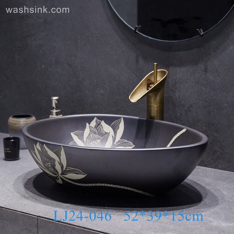 LJ24-046-BQ0A3029 LJ24-0046 2024 Simple black lotus creative duck egg shape design home bathroom wash basin - shengjiang  ceramic  factory   porcelain art hand basin wash sink