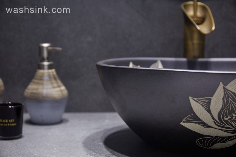 LJ24-046-BQ0A3034 LJ24-0046 2024 Simple black lotus creative duck egg shape design home bathroom wash basin - shengjiang  ceramic  factory   porcelain art hand basin wash sink