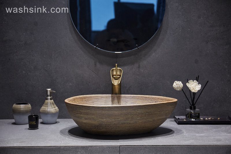 LJ24-049-BQ0A3059 LJ24-0049 Ceramic bathroom duck egg shaped design wood stripes simple wash basin - shengjiang  ceramic  factory   porcelain art hand basin wash sink