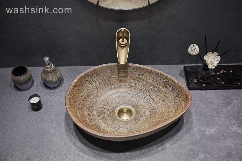 LJ24-049-BQ0A3062 LJ24-0049 Ceramic bathroom duck egg shaped design wood stripes simple wash basin - shengjiang  ceramic  factory   porcelain art hand basin wash sink