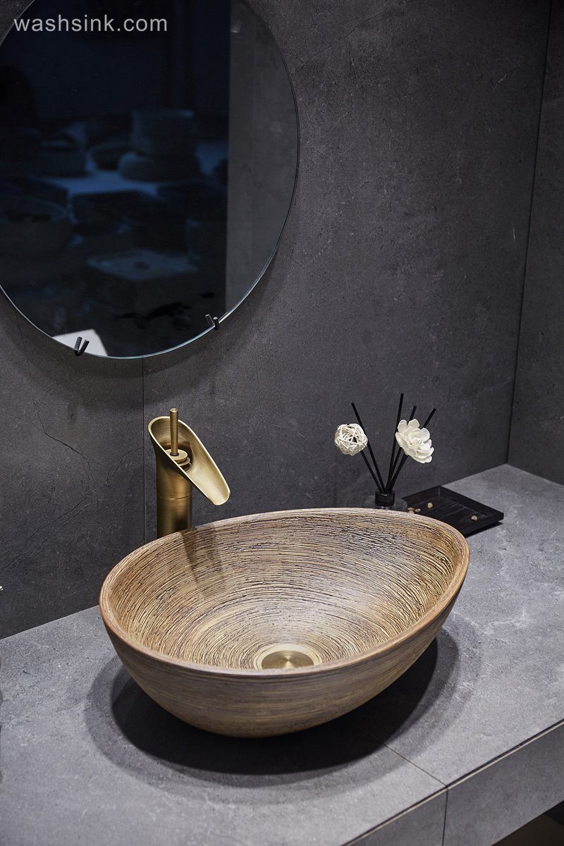 LJ24-049-BQ0A3065 LJ24-0049 Ceramic bathroom duck egg shaped design wood stripes simple wash basin - shengjiang  ceramic  factory   porcelain art hand basin wash sink