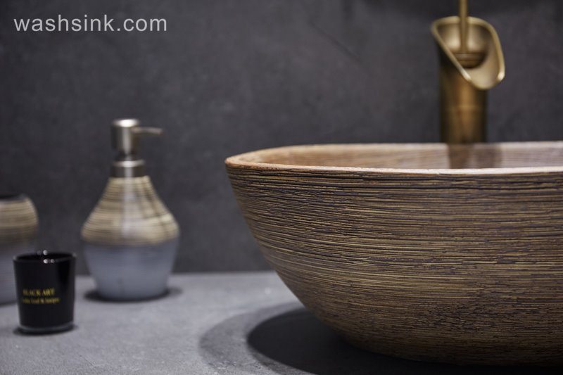 LJ24-049-BQ0A3069 LJ24-0049 Ceramic bathroom duck egg shaped design wood stripes simple wash basin - shengjiang  ceramic  factory   porcelain art hand basin wash sink