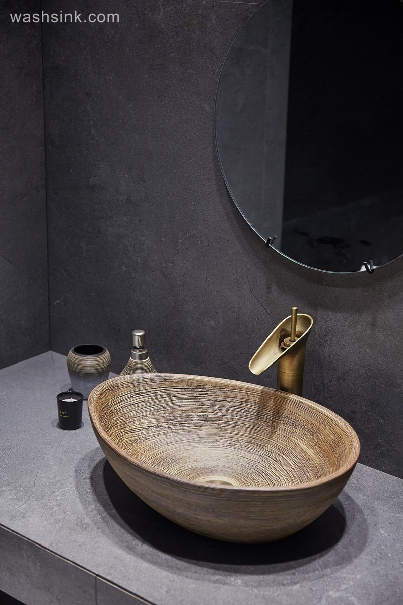 LJ24-049-BQ0A3070 LJ24-0049 Ceramic bathroom duck egg shaped design wood stripes simple wash basin - shengjiang  ceramic  factory   porcelain art hand basin wash sink