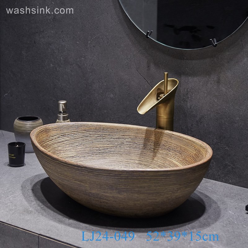 LJ24-049-BQ0A3071 LJ24-0049 Ceramic bathroom duck egg shaped design wood stripes simple wash basin - shengjiang  ceramic  factory   porcelain art hand basin wash sink