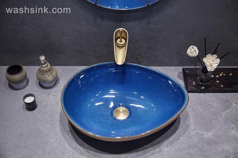 LJ24-050-BQ0A3079 LJ24-0050 Duck egg pattern brown stripe pattern interior color brillian decorative sink - shengjiang  ceramic  factory   porcelain art hand basin wash sink