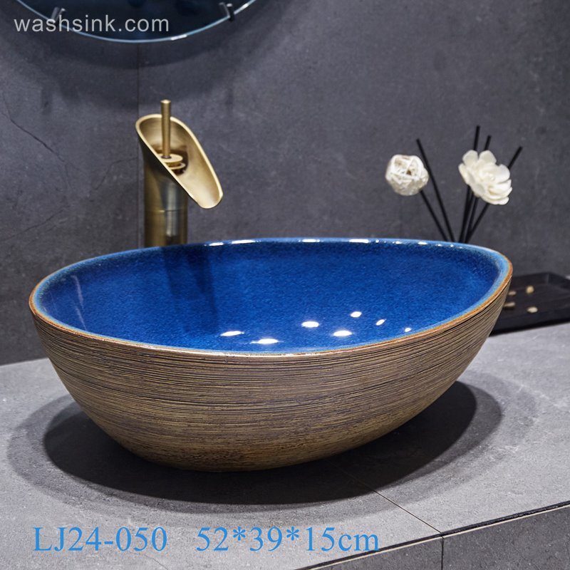 LJ24-050-BQ0A3082 LJ24-0050 Duck egg pattern brown stripe pattern interior color brillian decorative sink - shengjiang  ceramic  factory   porcelain art hand basin wash sink