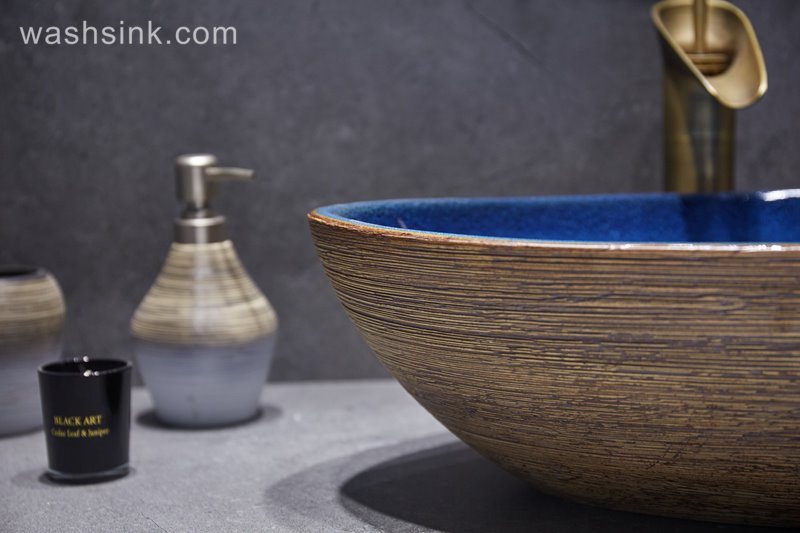 LJ24-050-BQ0A3088 LJ24-0050 Duck egg pattern brown stripe pattern interior color brillian decorative sink - shengjiang  ceramic  factory   porcelain art hand basin wash sink