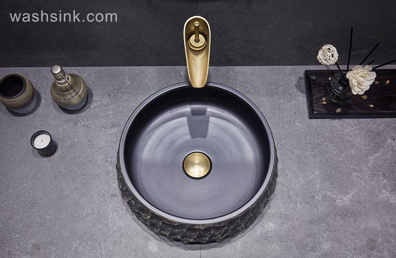 LJ24-051-BQ0A3108 LJ24-0051 Handcrafted Stone Vessel Sink with Round White Striped Design - shengjiang  ceramic  factory   porcelain art hand basin wash sink