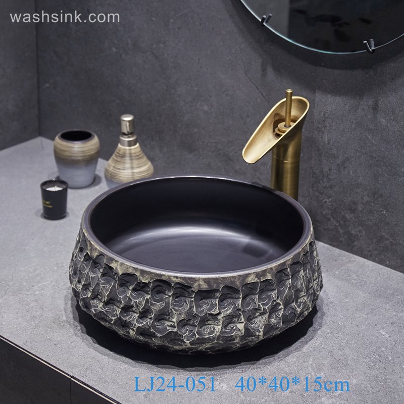 LJ24-051-BQ0A3116 LJ24-0051 Handcrafted Stone Vessel Sink with Round White Striped Design - shengjiang  ceramic  factory   porcelain art hand basin wash sink