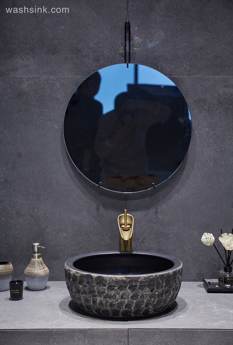 LJ24-052-BQ0A3122 LJ24-0052 Round waist drum black classic unique design bathroom ceramic wash basin - shengjiang  ceramic  factory   porcelain art hand basin wash sink