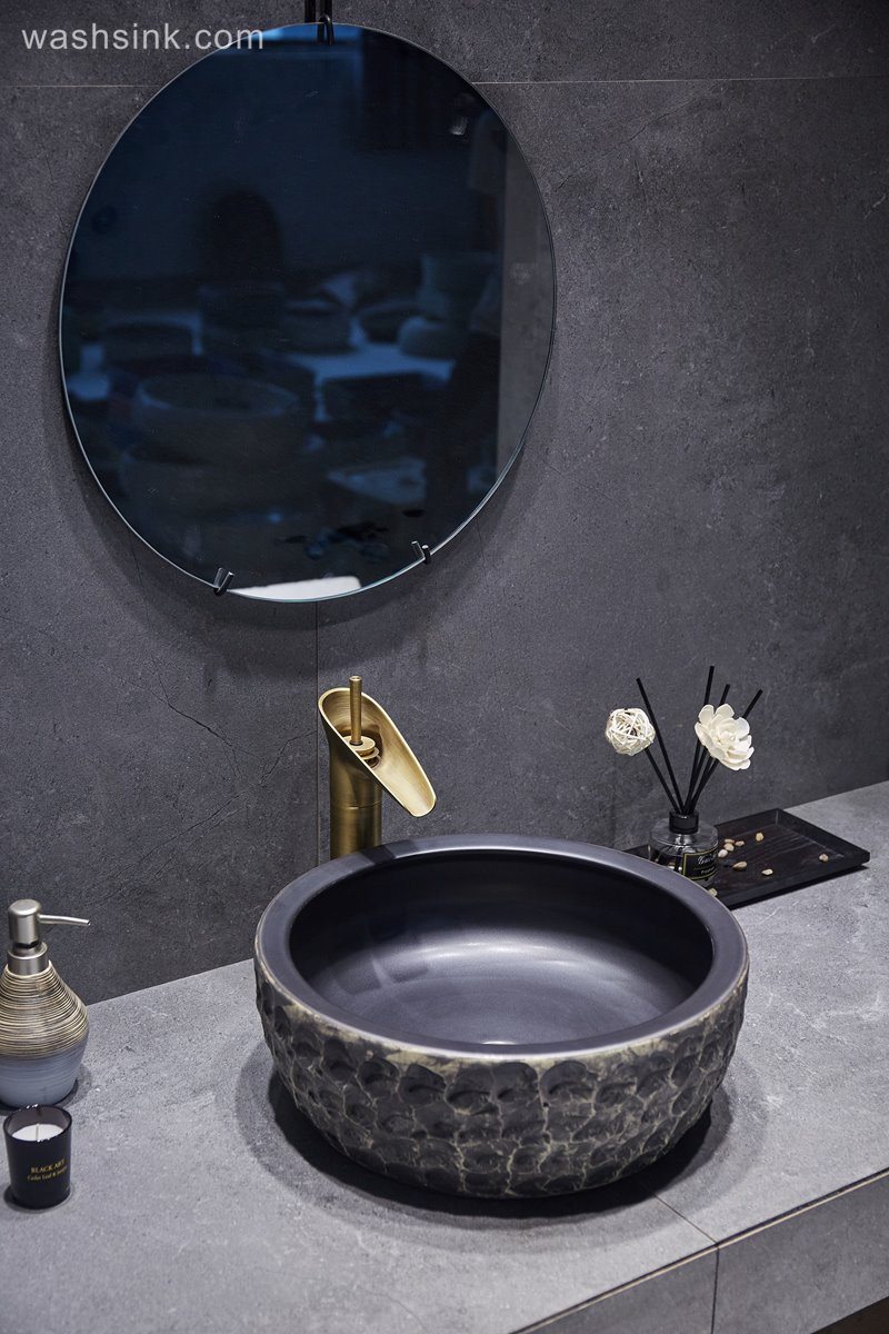 LJ24-052-BQ0A3126 LJ24-0052 Round waist drum black classic unique design bathroom ceramic wash basin - shengjiang  ceramic  factory   porcelain art hand basin wash sink