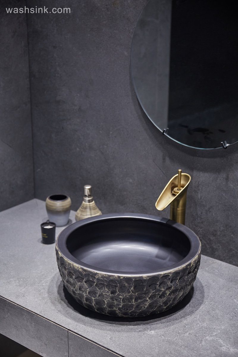 LJ24-052-BQ0A3129 LJ24-0052 Round waist drum black classic unique design bathroom ceramic wash basin - shengjiang  ceramic  factory   porcelain art hand basin wash sink