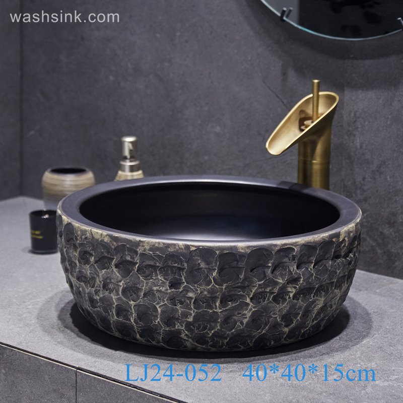LJ24-052-BQ0A3130 LJ24-0052 Round waist drum black classic unique design bathroom ceramic wash basin - shengjiang  ceramic  factory   porcelain art hand basin wash sink