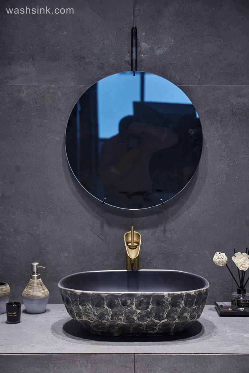 LJ24-054-BQ0A3148 LJ24-0054 Classic black creative stone shape ceramic sink - shengjiang  ceramic  factory   porcelain art hand basin wash sink