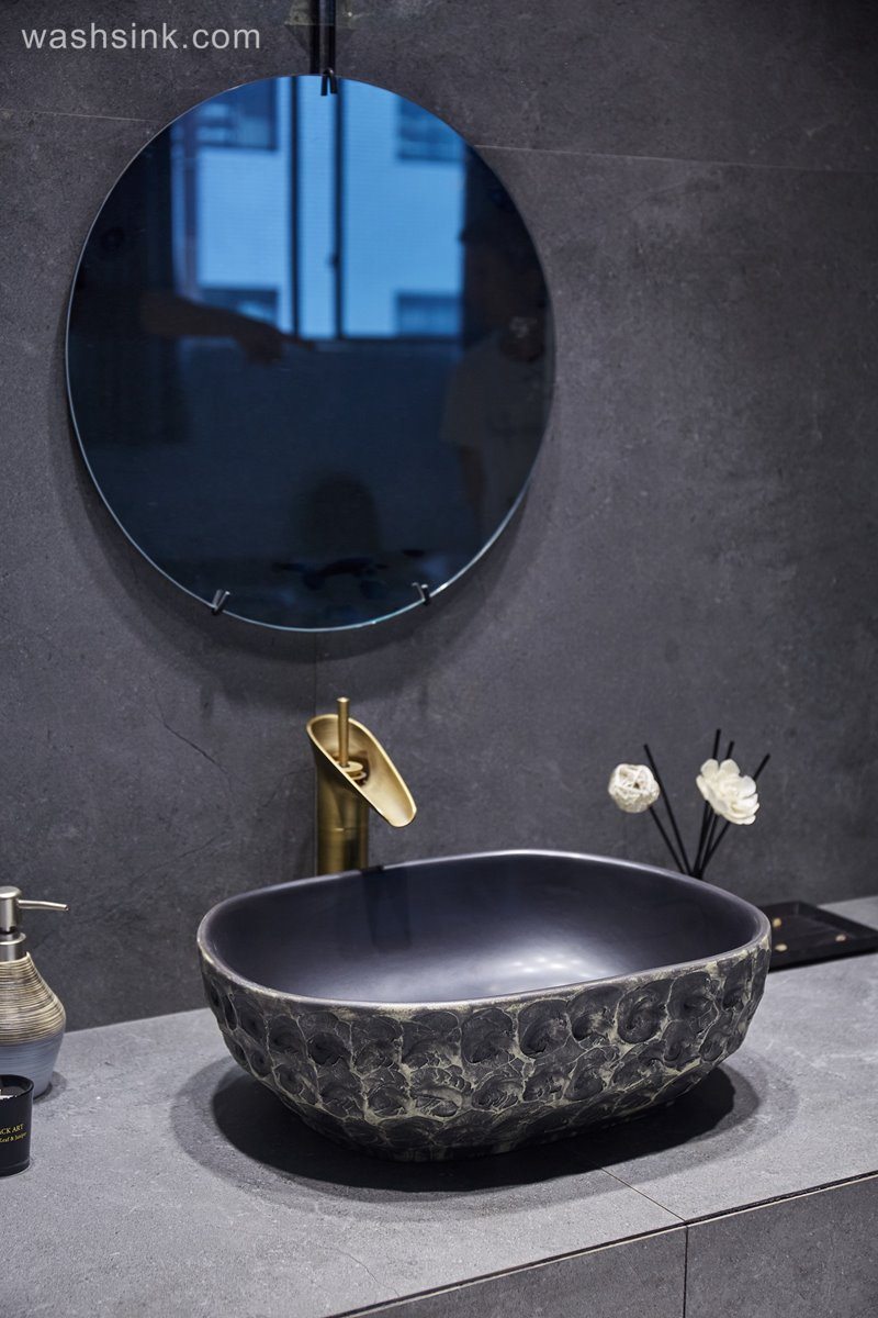 LJ24-054-BQ0A3153-1 LJ24-0054 Classic black creative stone shape ceramic sink - shengjiang  ceramic  factory   porcelain art hand basin wash sink