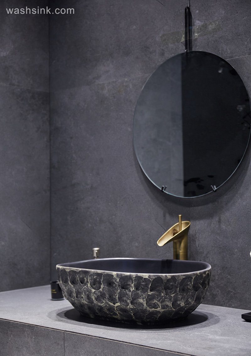 LJ24-054-BQ0A3157 LJ24-0054 Classic black creative stone shape ceramic sink - shengjiang  ceramic  factory   porcelain art hand basin wash sink