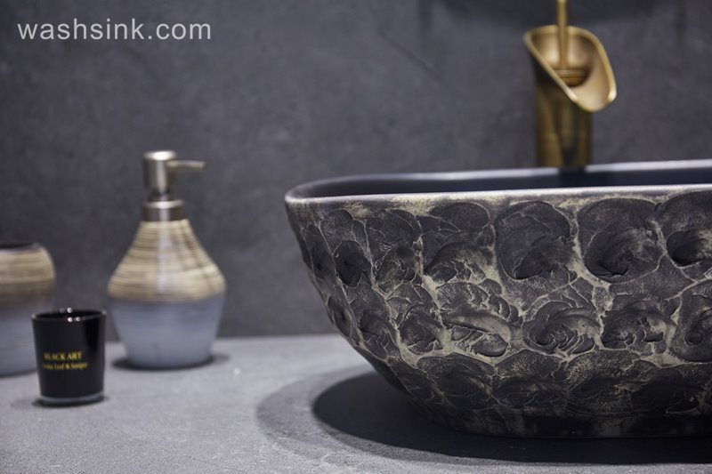 LJ24-054-BQ0A3159 LJ24-0054 Classic black creative stone shape ceramic sink - shengjiang  ceramic  factory   porcelain art hand basin wash sink