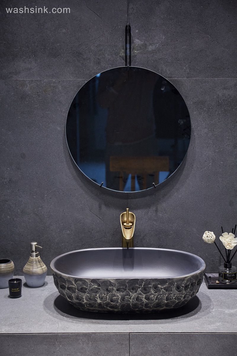 LJ24-055-BQ0A3160 LJ24-0055 Matte Black Oval Bathroom Vessel Sink,Modern Ceramic Porcelain Bath Sink Art Basin - shengjiang  ceramic  factory   porcelain art hand basin wash sink
