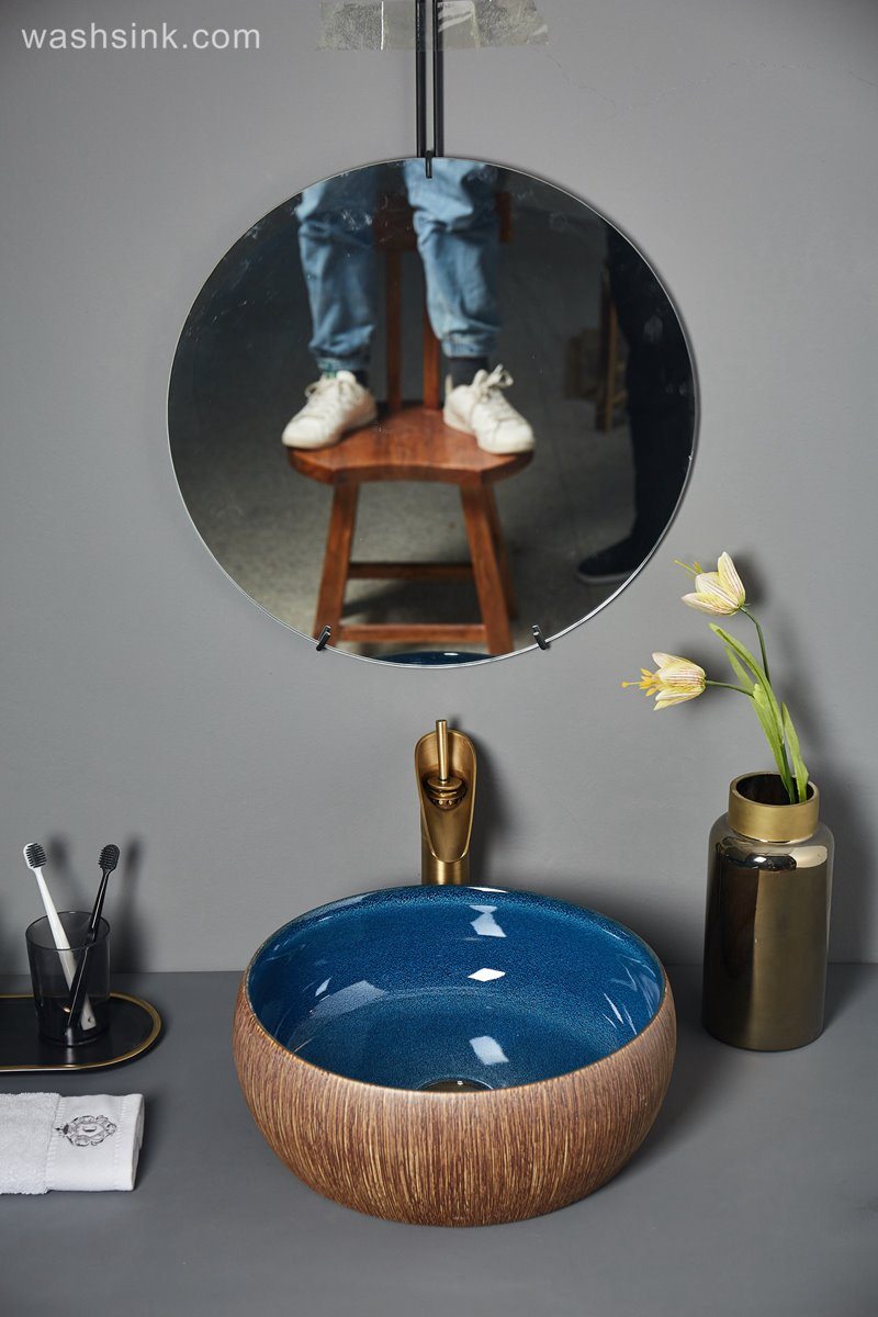 LJ24-056-BQ0A6791 LJ24-0056 Wood vertical stripes blue clear inner wall home ceramic decorative sink - shengjiang  ceramic  factory   porcelain art hand basin wash sink