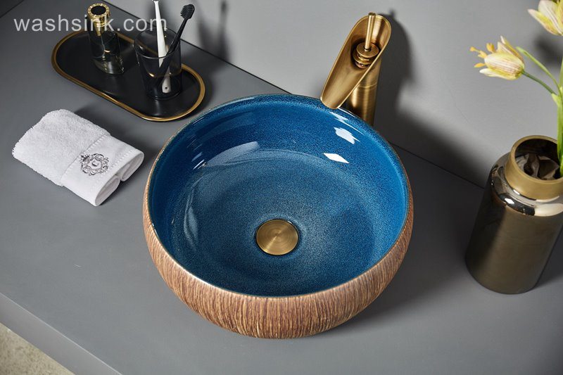 LJ24-056-BQ0A6793 LJ24-0056 Wood vertical stripes blue clear inner wall home ceramic decorative sink - shengjiang  ceramic  factory   porcelain art hand basin wash sink