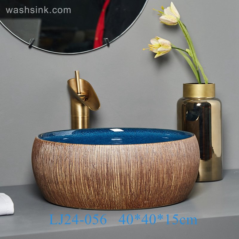 LJ24-056-BQ0A6800 LJ24-0056 Wood vertical stripes blue clear inner wall home ceramic decorative sink - shengjiang  ceramic  factory   porcelain art hand basin wash sink