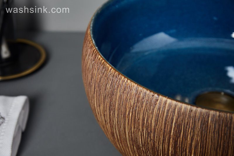 LJ24-056-BQ0A6802 LJ24-0056 Wood vertical stripes blue clear inner wall home ceramic decorative sink - shengjiang  ceramic  factory   porcelain art hand basin wash sink