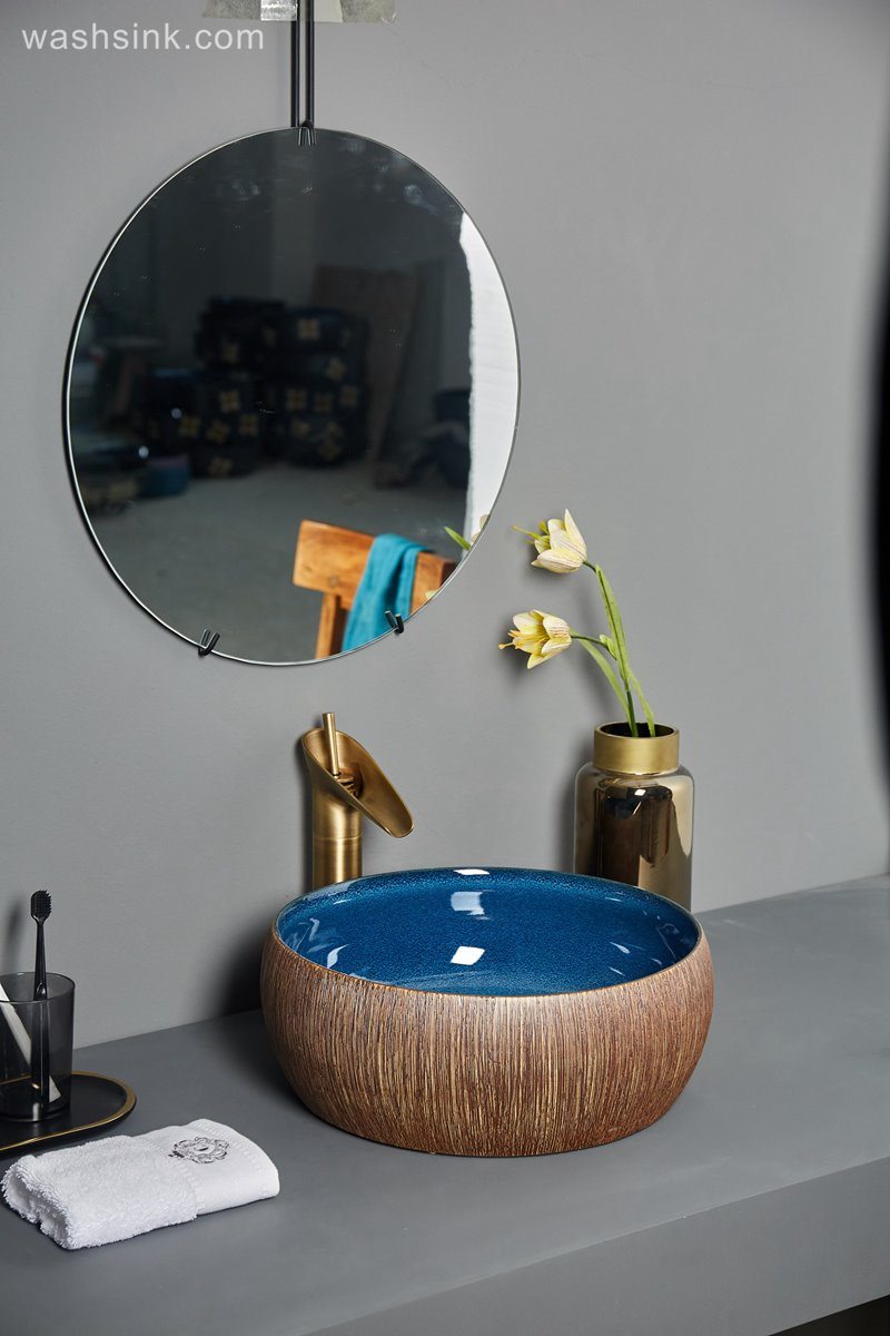 LJ24-056-BQ0A6805 LJ24-0056 Wood vertical stripes blue clear inner wall home ceramic decorative sink - shengjiang  ceramic  factory   porcelain art hand basin wash sink