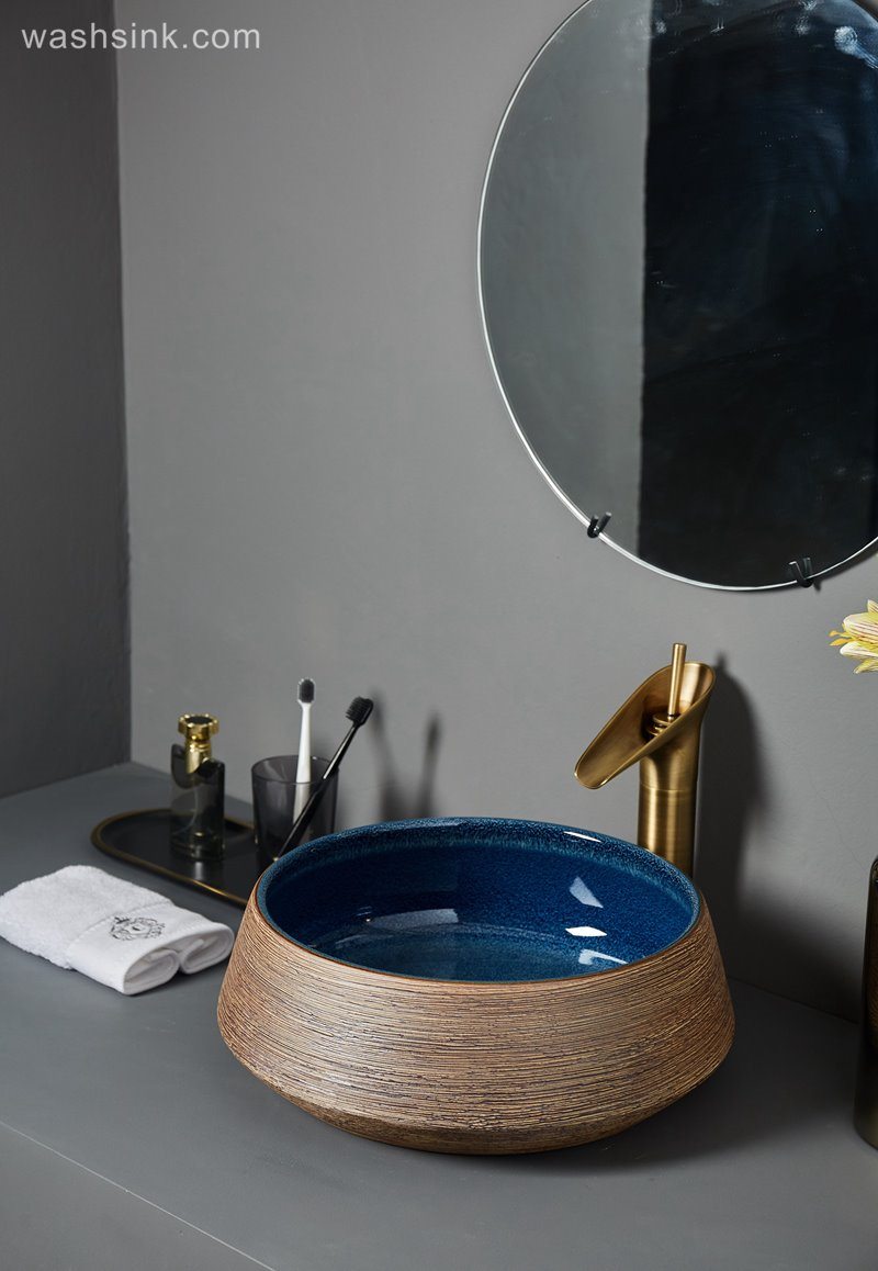 LJ24-059-BQ0A6843 LJ24-0059   Elegent shape luxuriant in design Creative brown stripe design novel bathroom sink - shengjiang  ceramic  factory   porcelain art hand basin wash sink