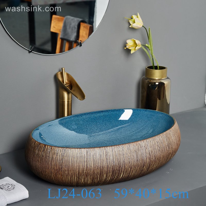 LJ24-063-BQ0A6999 LJ24-0063 Vanity Sink Tops Retro Countertop, Large Ceramic Wash Basin, Oval Wash Antique Art Basin - shengjiang  ceramic  factory   porcelain art hand basin wash sink