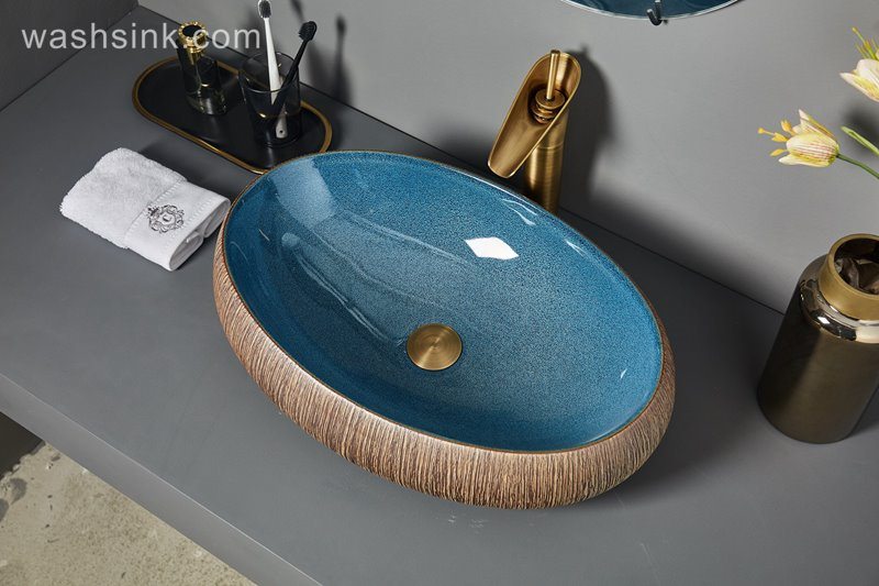 LJ24-063-BQ0A7004 LJ24-0063 Vanity Sink Tops Retro Countertop, Large Ceramic Wash Basin, Oval Wash Antique Art Basin - shengjiang  ceramic  factory   porcelain art hand basin wash sink