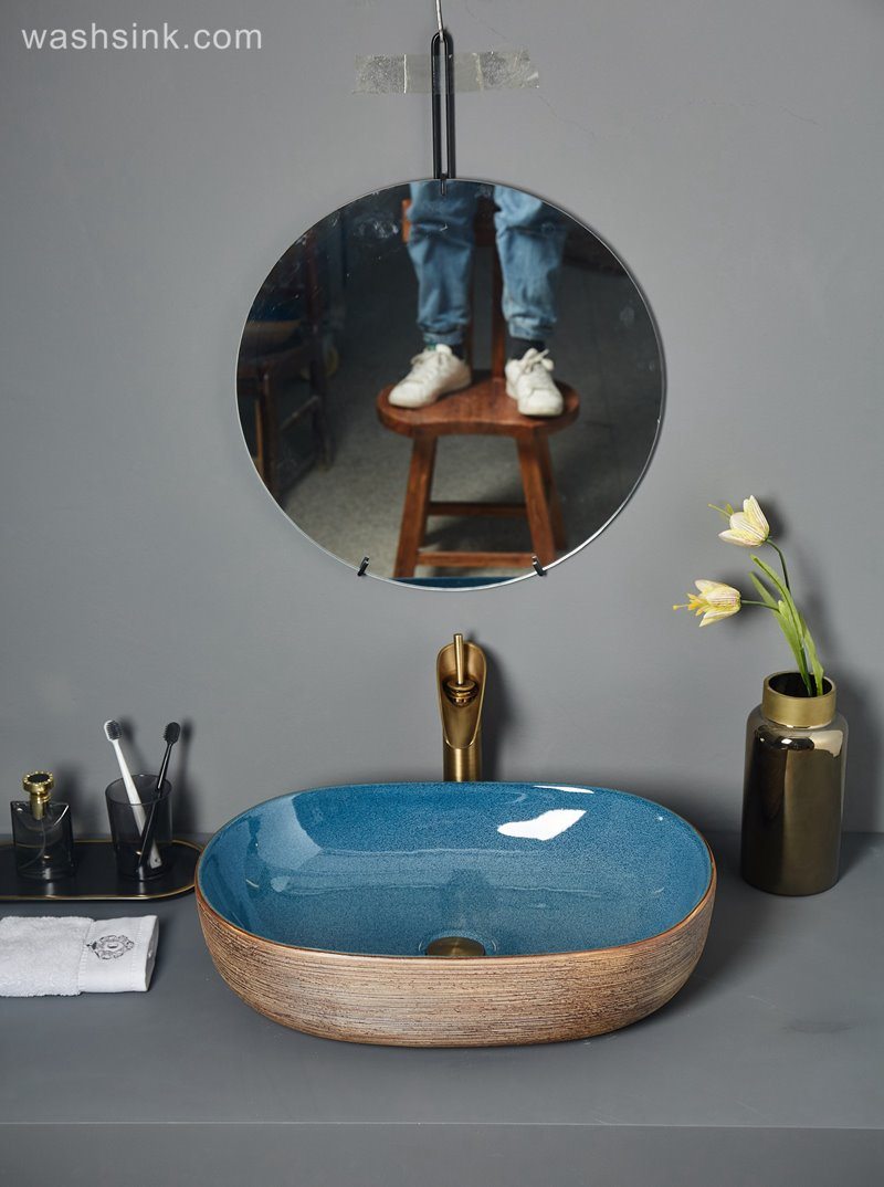 LJ24-064-BQ0A7010 LJ24-0064 Rectangular ceramic basin with brown stripes on the outside and blue gloss on the inside - shengjiang  ceramic  factory   porcelain art hand basin wash sink