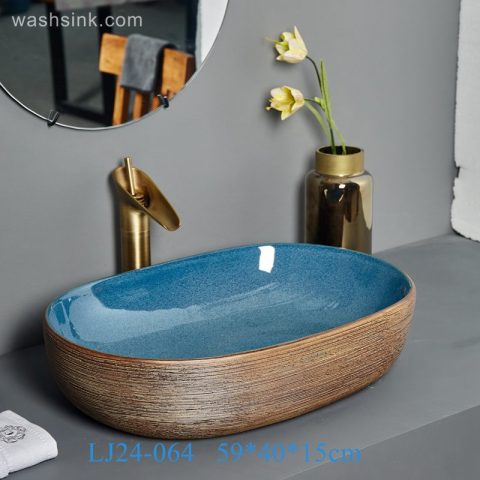 LJ24-0064 Rectangular ceramic basin with brown stripes on the outside and blue gloss on the inside